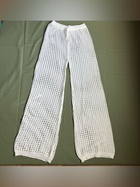 white wide leg crochet cover up knit pants with drawstring waist